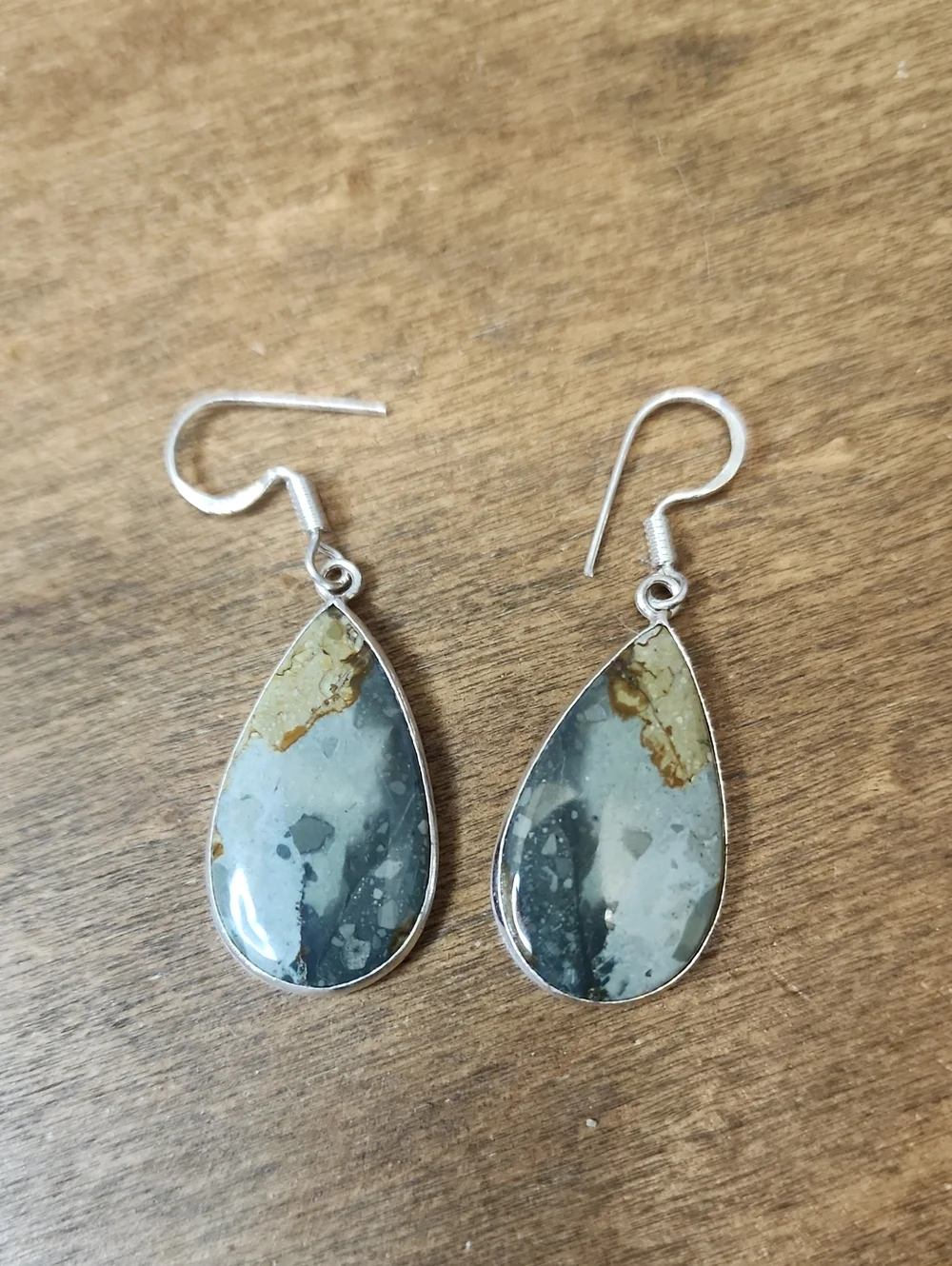 Teardrop Jasper Stone Dangle Earrings in Gray and Brown